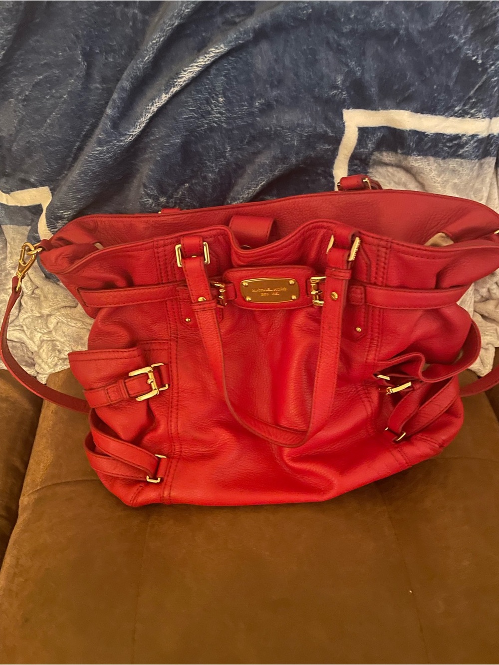 Michael Kors Red Leather Buckle-Accent Purse  with Gold Hardware